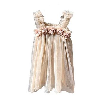 Summer Baby Kids Girls Sleeveless 3D Flowers Mesh Strap Dress
