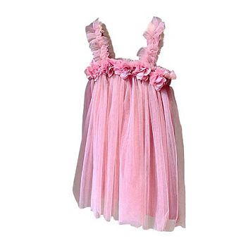 Summer Baby Kids Girls Sleeveless 3D Flowers Mesh Strap Dress