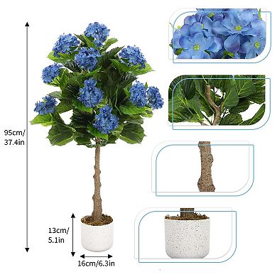 3.1FT Artificial Hydrangea Tree in Pot with 9 Flowers, Blue