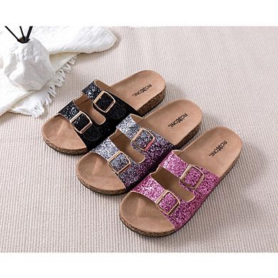 Roxoni Women’s Glitter Flat Sandals with Double Buckle Straps & Suede Footbed
