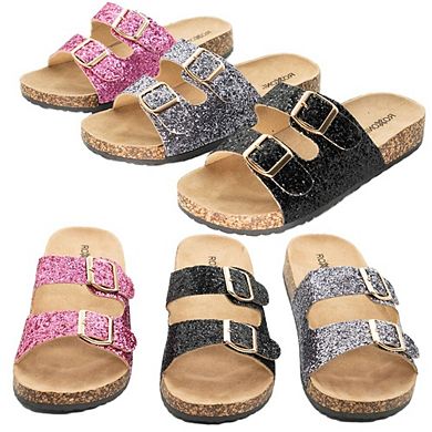 Roxoni Women’s Glitter Flat Sandals with Double Buckle Straps & Suede Footbed