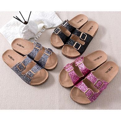 Roxoni Women’s Glitter Flat Sandals with Double Buckle Straps & Suede Footbed