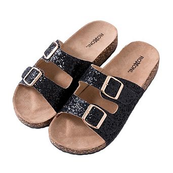 Roxoni Women’s Glitter Flat Sandals with Double Buckle Straps & Suede Footbed