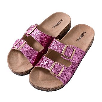 Roxoni Women’s Glitter Flat Sandals with Double Buckle Straps & Suede Footbed