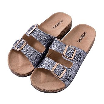 Roxoni Women’s Glitter Flat Sandals with Double Buckle Straps & Suede Footbed