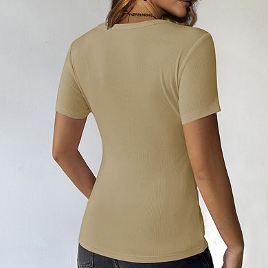 Women's Summer Slim Fit Crew Neck Short Sleeve Top Simple Neck Button Design Daily Versatile Top