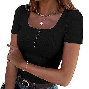 Women's Summer Slim Fit Crew Neck Short Sleeve Top Simple Neck Button Design Daily Versatile Top