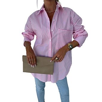 Women's Classic Striped Long-Sleeve Shirt with Pockets Loose Casual Versatile Blouse