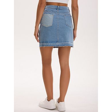 Women's Mini Denim Skirt Patchwork Cloor Block High Waisted A Line Short Jean Skirt