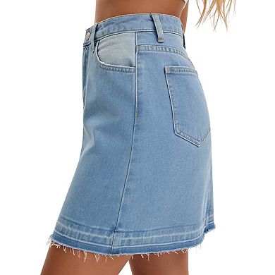 Women's Mini Denim Skirt Patchwork Cloor Block High Waisted A Line Short Jean Skirt
