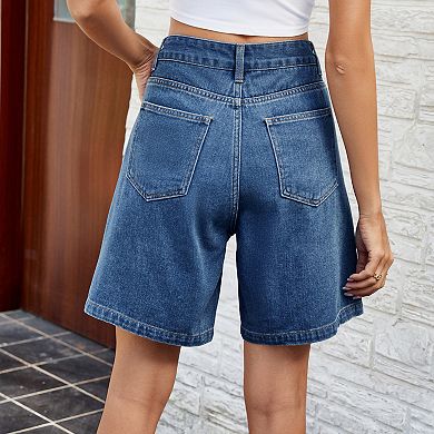 Women's High Waisted Jean Shorts Knee Length Wide Leg with Pockets