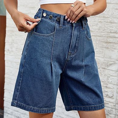 Women's High Waisted Jean Shorts Knee Length Wide Leg with Pockets