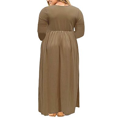 Women Long Sleeve Loose Plain Casual Plus Size Long Maxi Dress With Pockets