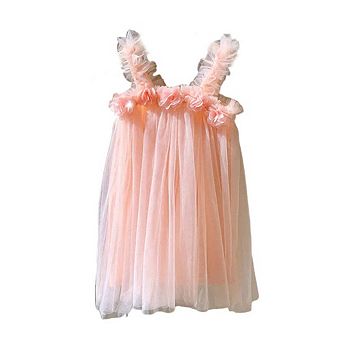 Summer Baby Kids Girls Sleeveless 3D Flowers Mesh Strap Dress