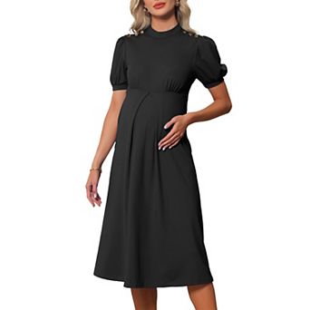 Women's Work Maternity Dresses Mock Neck Button Pleated Front Office A-Line Pregnancy Business Dress