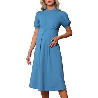 Women's Work Maternity Dresses Mock Neck Button Pleated Front Office A-Line Pregnancy Business Dress