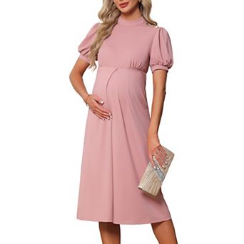 Women's Work Maternity Dresses Mock Neck Button Pleated Front Office A-Line Pregnancy Business Dress