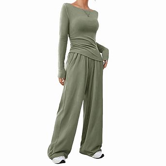 Women's Simple Relaxed Top Wide Leg Pants Set Slim Long Sleeve Loose Straight Leg Casual Outfit