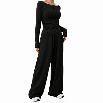 Women's Simple Relaxed Top Wide Leg Pants Set Slim Long Sleeve Loose Straight Leg Casual Outfit