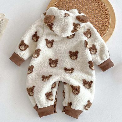 Winter Arrival Baby Cute Teddy Hooded Design Warm Fleece Rompers