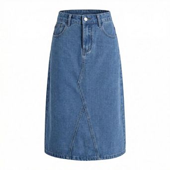 Women's Vintage Denim Midi Skirt High Waisted A-Line Skirt with Pockets