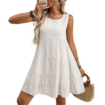 Women's Sleeveless Ruffle Mini Dress Plaid Hollow Out Tiered Babydoll Dress Flowy Cover Up Sundress