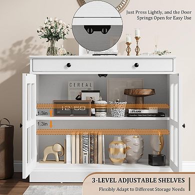 Modern Buffet Sideboard with 2 Glass Doors, Buffet Cabinet with Adjustable Shelf & Large Drawer