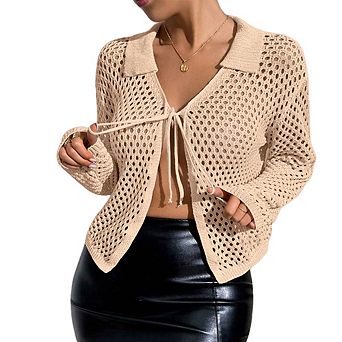 Women's Summer Simple Tie Front Cardigan Fashion V-Neck Lapel Cardigan Loose Hollow Out Knit Top