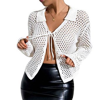 Women's Summer Simple Tie Front Cardigan Fashion V-Neck Lapel Cardigan Loose Hollow Out Knit Top