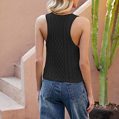 Women's U Neck Cable Knit Sleeveless Wide Shoulder Straps Casual Crop Top