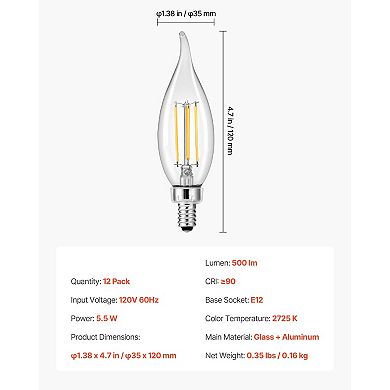 12-Pack LED Candelabra Bulbs 5.5W Flame Tip 2725K Warm White Dimmable