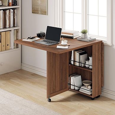 Space Saving Folding Dining Table with Storage - Kitchen Table with 6 Wheels, Drawer & Shelves