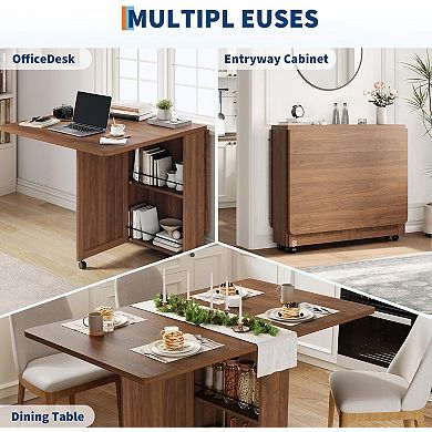 Space Saving Folding Dining Table with Storage - Kitchen Table with 6 Wheels, Drawer & Shelves
