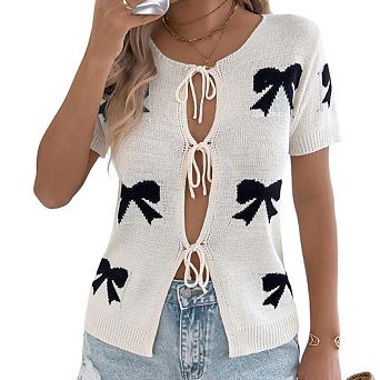 Women's Summer Fashion Color-Block Tie Knit Cardigan Bow Pattern Crew Neck Casual Versatile Top