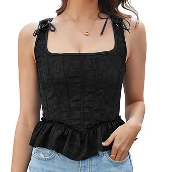 Women's Y2K Summer Crop Top Fashion Jacquard Ruffle Hem Bustier Corset Top Back Tie Slim Fit Top