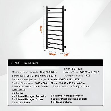 Bathroom Heated Towel Rack with Quick Heating and Adjustable Timer - Black