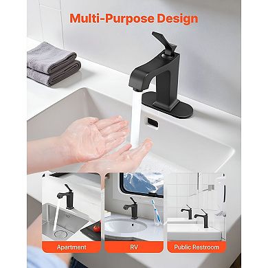 Single Handle Kitchen Sink Faucet with Knob Control and Push-Button Drain - Black