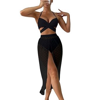 Womens 3 pc Bikini Set with Long Sarong Split Cover Up Backless Swimsuit Criss Cross Bathing Suit