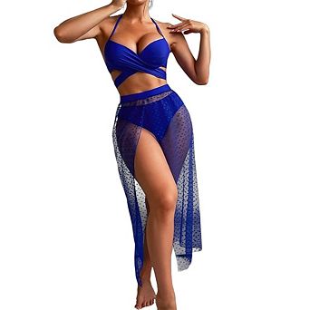 Womens 3 pc Bikini Set with Long Sarong Split Cover Up Backless Swimsuit Criss Cross Bathing Suit