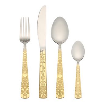 4 pc Silverware Set, Stainless Steel Floral Flatware Set, Includes Knife, Fork, Spoon