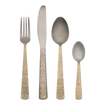 4 pc Silverware Set, Stainless Steel Floral Flatware Set, Includes Knife, Fork, Spoon