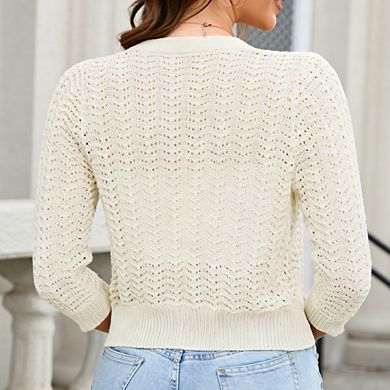 Women's V-Neck Three Quarter Sleeve Cardigan Button Front Hollow Out Knit Top Casual Versatile Top