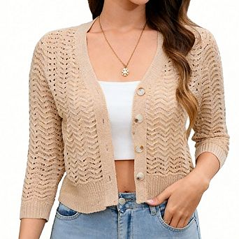 Women's V-Neck Three Quarter Sleeve Cardigan Button Front Hollow Out Knit Top Casual Versatile Top