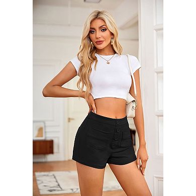 Women's High Waist High Elasticity Yoga Shorts Button Multi-Pocket Shorts