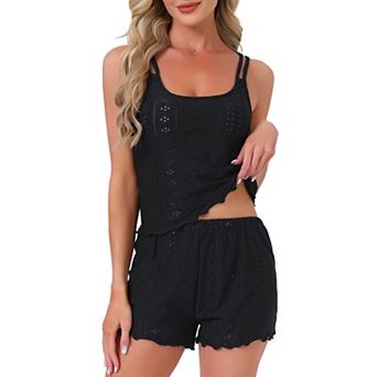 Women's Pointelle Pajama Sleepwear Solid Camisole Tops with Shorts Double Strap Loungewear Sets