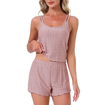 Women's Pointelle Pajama Sleepwear Solid Camisole Tops with Shorts Double Strap Loungewear Sets
