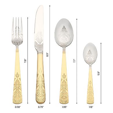 4 Piece Silverware Set, Stainless Steel Floral Flatware Set, Set Includes Dinner Knife, Fork, Spoon