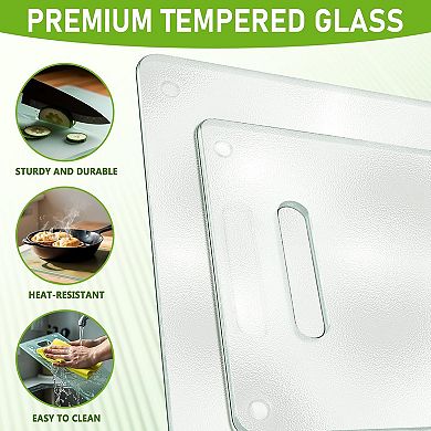 2-Pack Tempered Glass Cutting Boards with Handles, Scratch & Heat Resistant, Dishwasher Safe