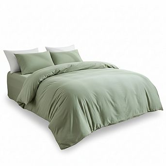 Full Light Green Washed Cotton Duvet Cover, 3 pc Linen-Like Textured & Breathable