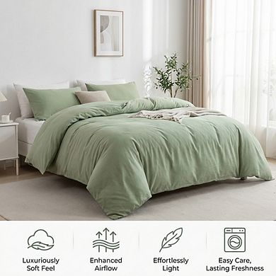 Full Light Green Washed Cotton Duvet Cover, 3pc Linen-Like Textured & Breathable